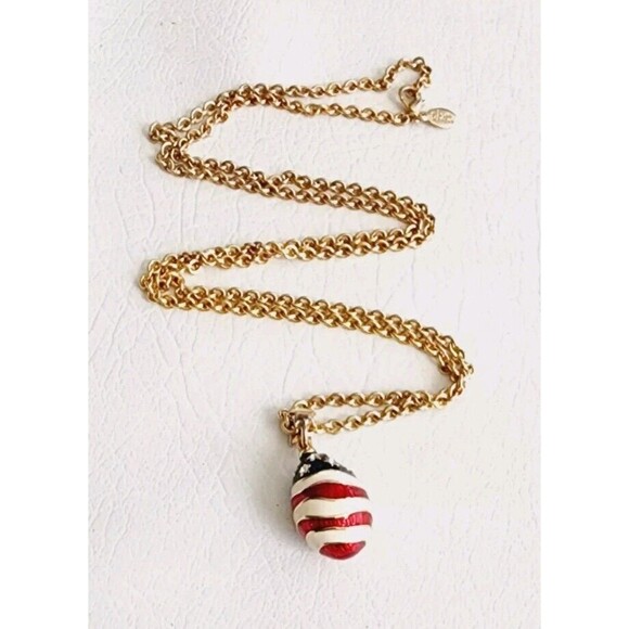 Joan Rivers Gold Tone Enamel USA Flag Patriotic Egg Pendant Necklace 32" - Picture 2 of 7